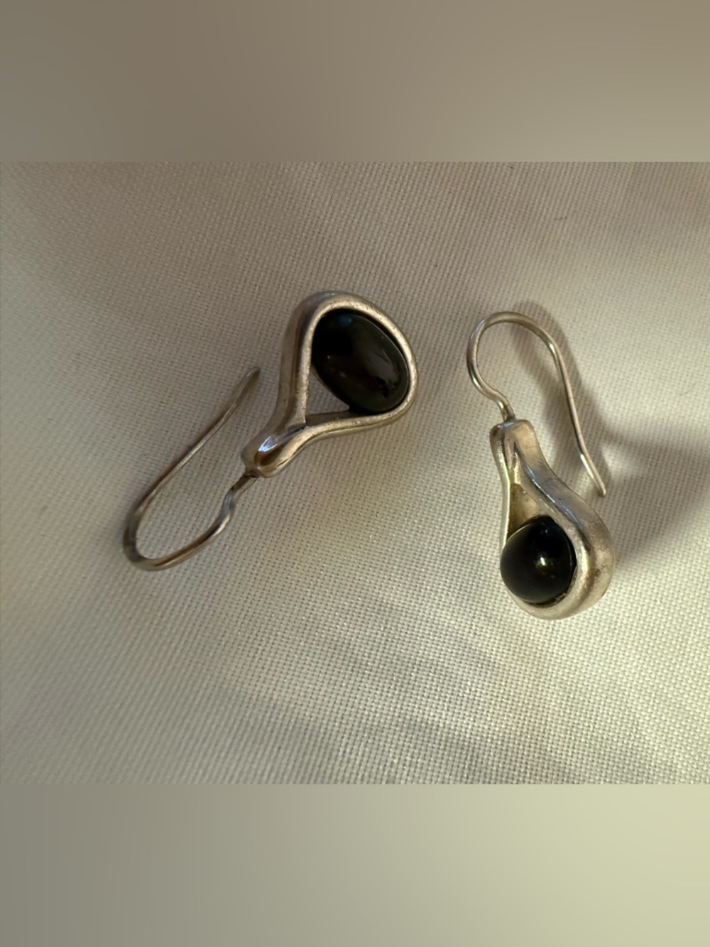 Silver tone Black Onyx Teardrop Dangle Earrings